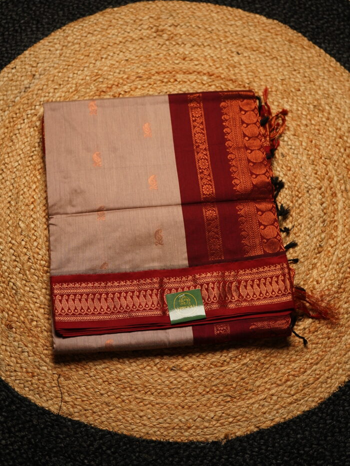 ரதி BEIGE & RED CONTRAST SUNGUDI HANDLOOM SAREE