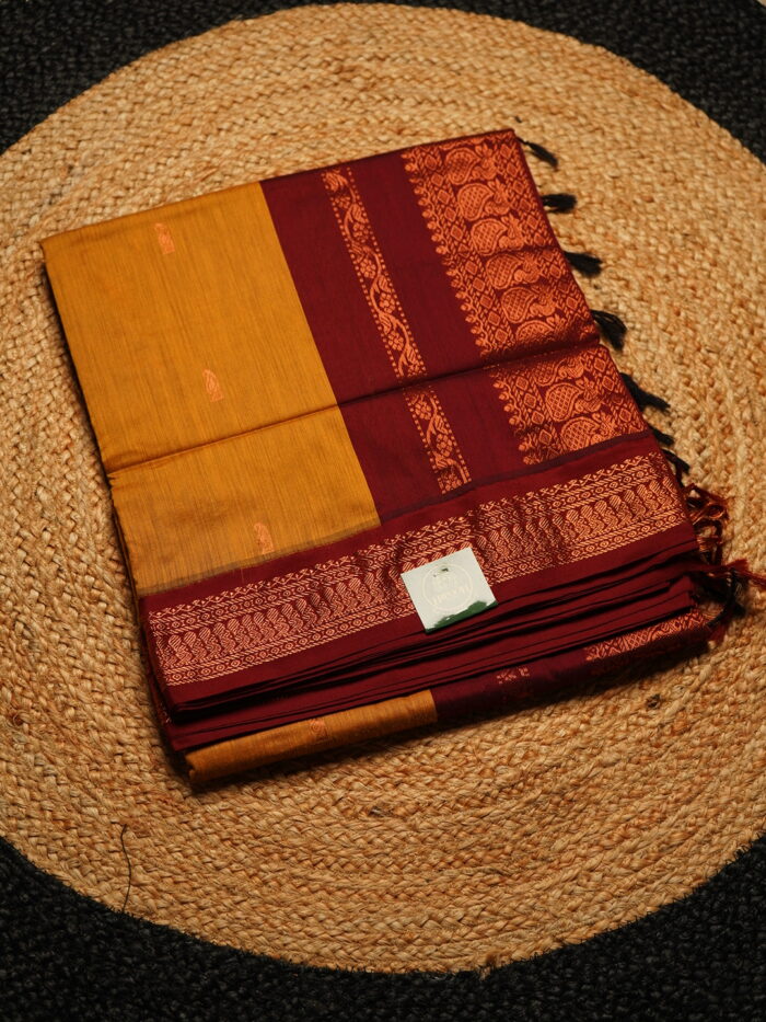 ரதி Mustard Contrast Sungudi Handloom Saree